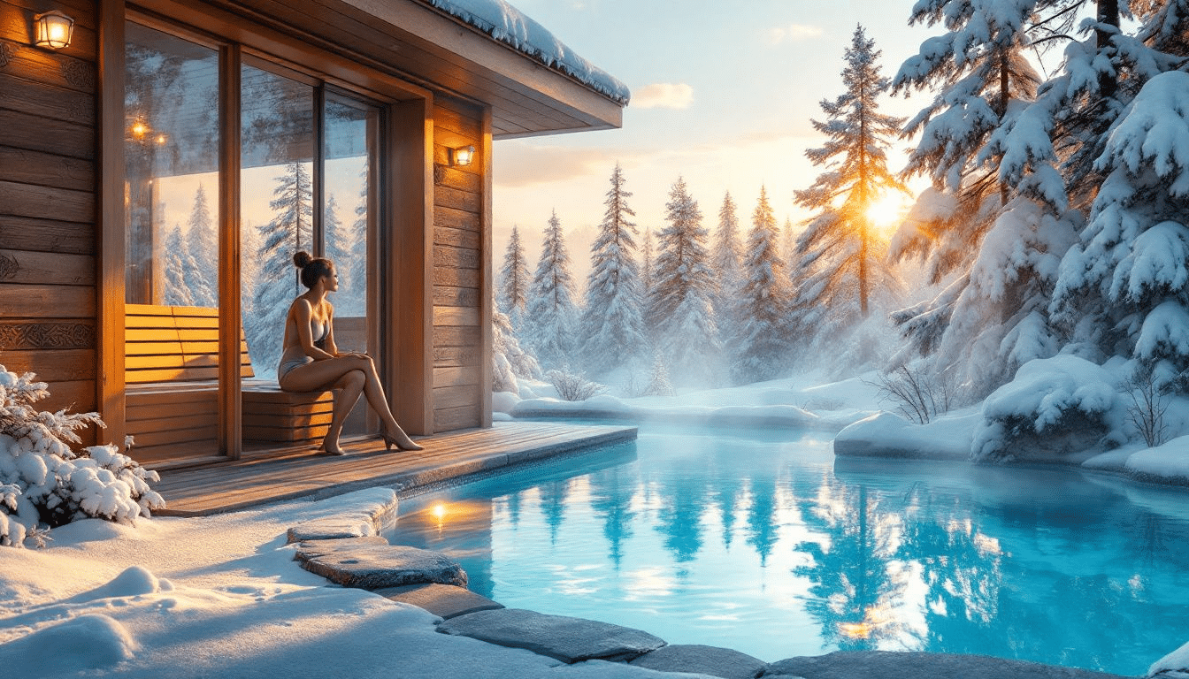A serene sauna environment with a cold plunge pool in the background.
